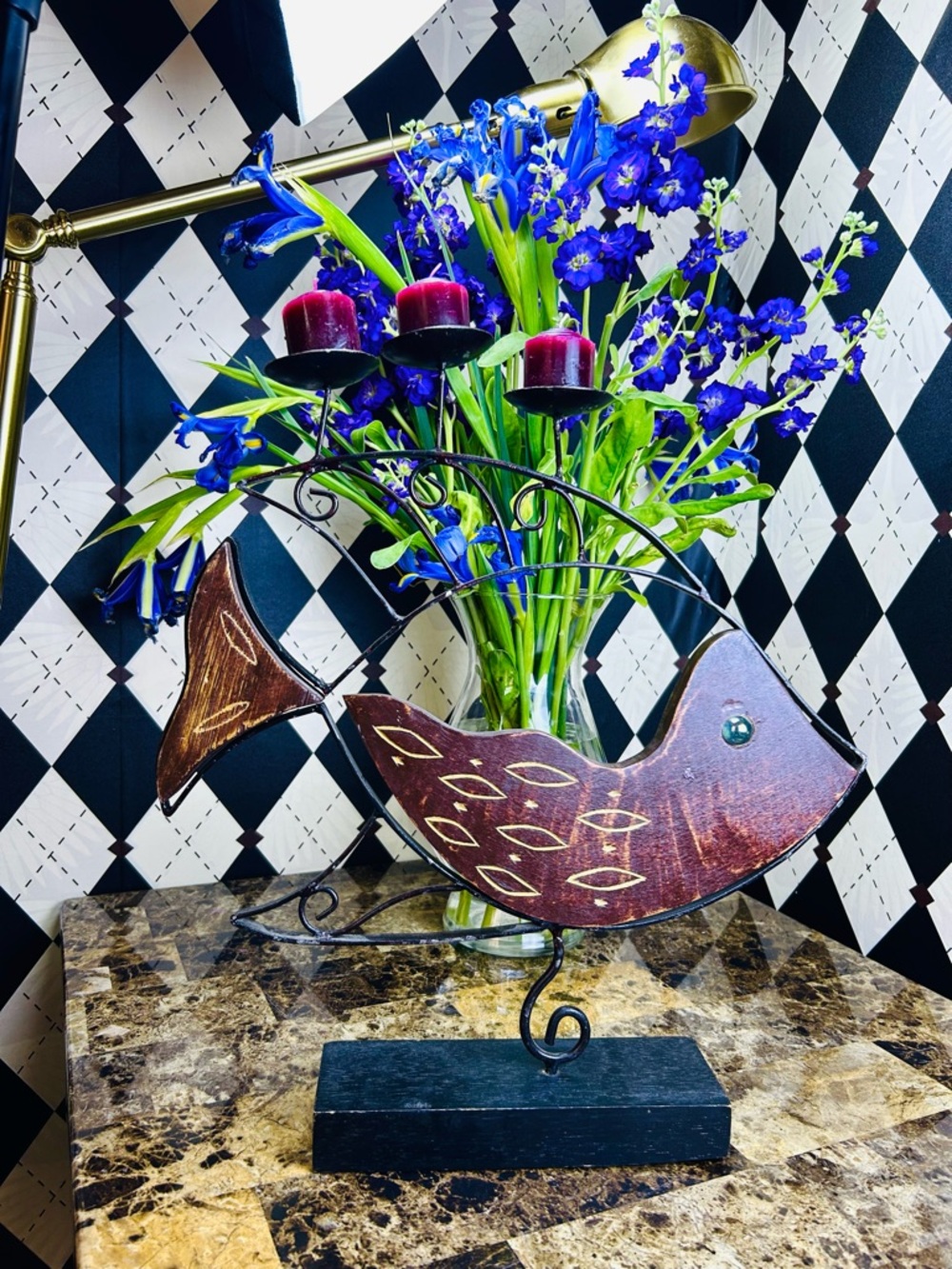 Folk Art Fish Candle Holder Tall 16 Inch – Wood & Metal 3 Votive Sculpture